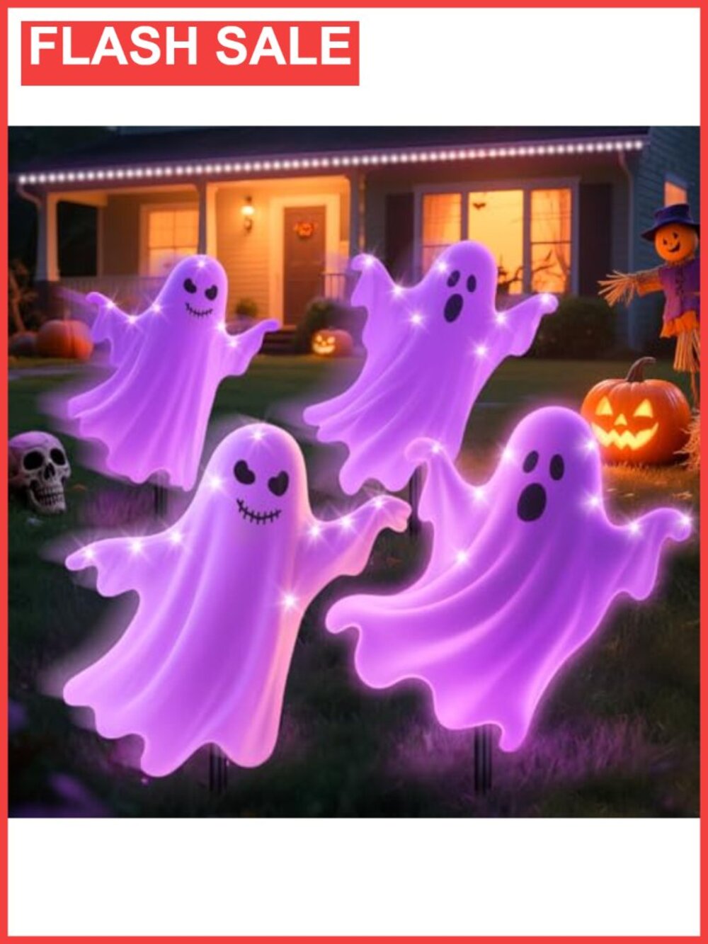 Solar Halloween Ghost Yard Lights 4 Pack Purple LED Decor